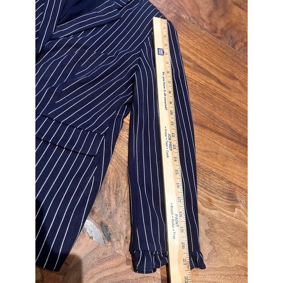 Chico's Sz 2P Petite Striped Navy Blue Blazer Pearl Buttons Jacket Lined - Picture 12 of 12